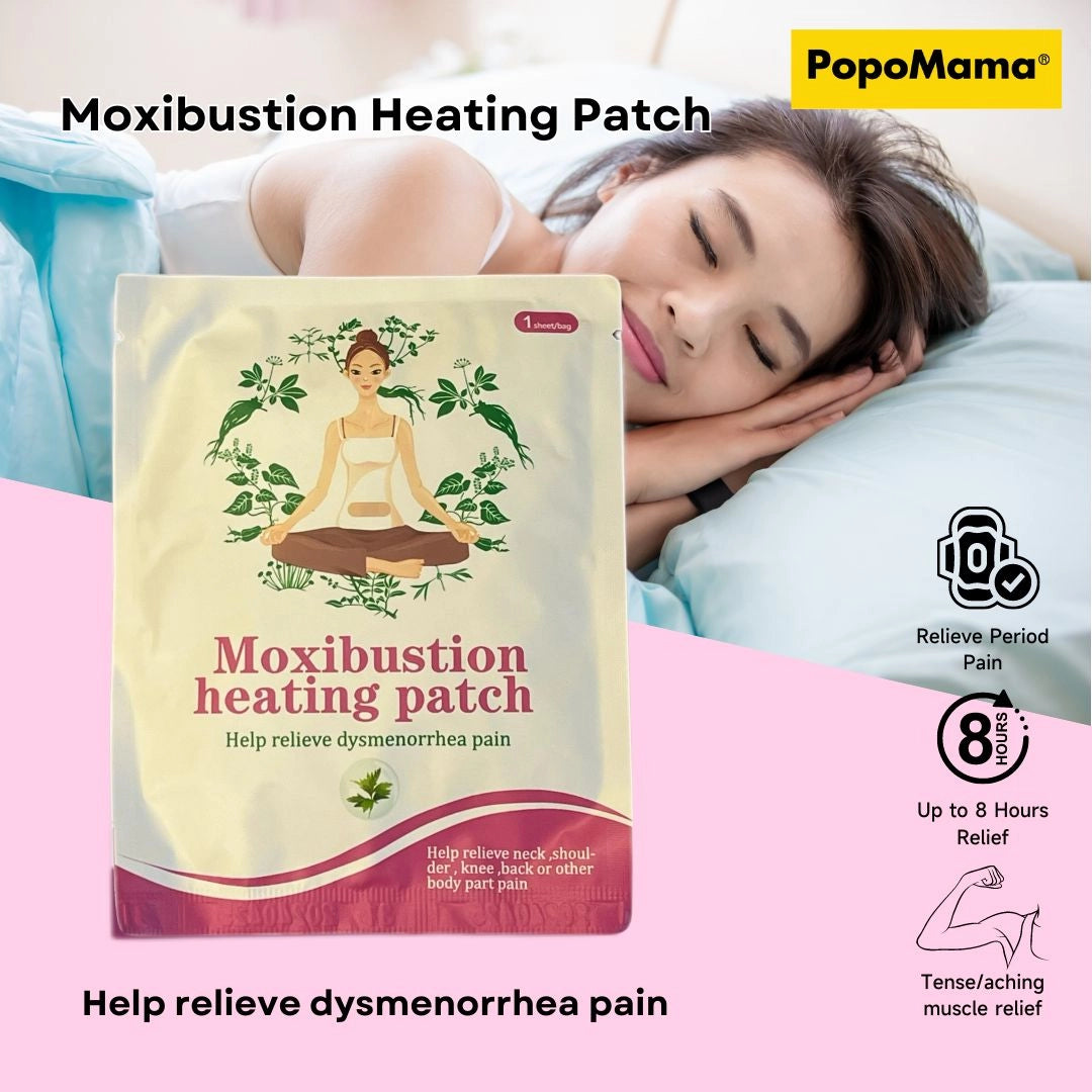 PopoMama Moxibustion Heating Patch showing a resting woman, featuring up to 8 hours of relief from period pain and aching muscles.