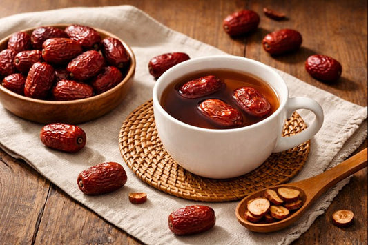 Red date tea in a white cup with whole dried red dates on a wooden table.